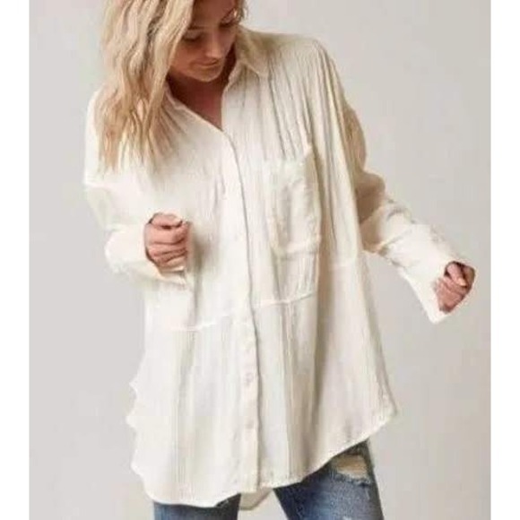 Free People Tops - Free People Cozy Nights Button Down Gauze Cotton Shirt Oversized S White Boho